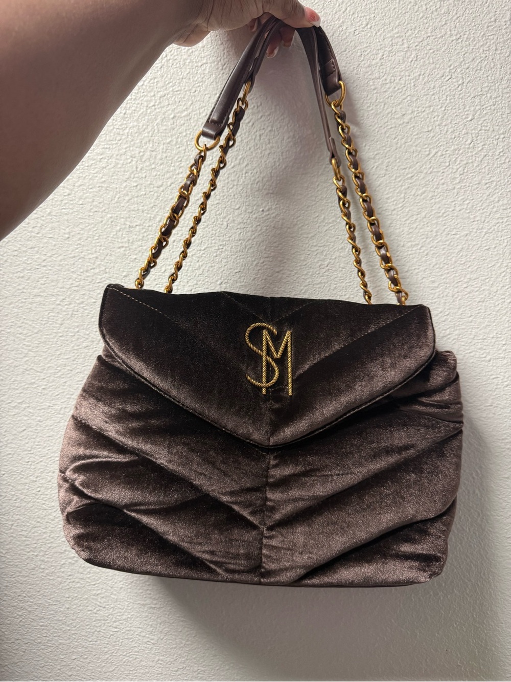 Steve Madden Dark Brown Quilted Velvet Shoulder Bag with Gold Chain